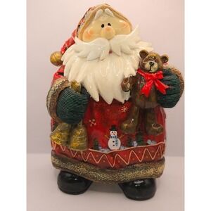 Vintage Holiday Home Decor Santa Holding Teddy bear and bells 12"